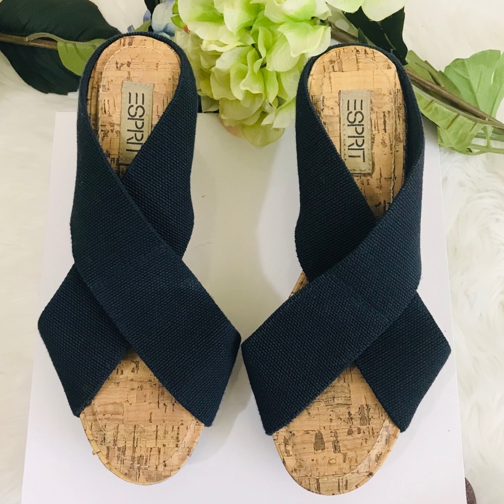 Esprit Oceane Black Strap Cork Wedge Shoes